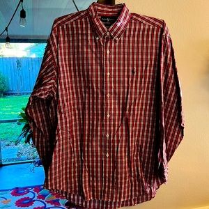 Long sleeve button down dress shirt by Ralph Lauren. Blake fit. L. Red plaid.